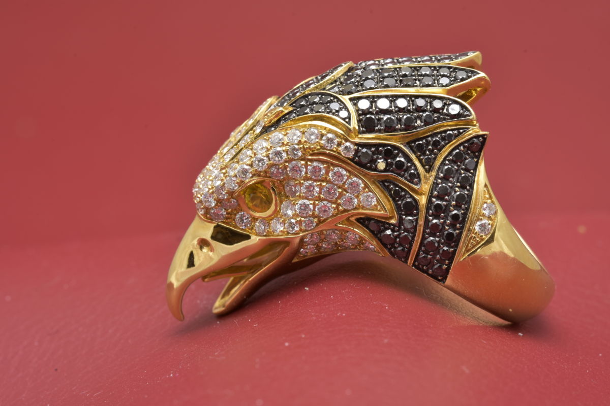 salon Halloween gek geworden Eagle Ring in 18kt Yellow Gold With Diamonds Black Diamonds and Yellow  Sapphires - Diana Michaels Jewelers