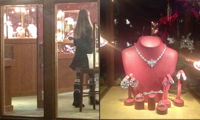 Photo of inside the store, and a jewelry display case