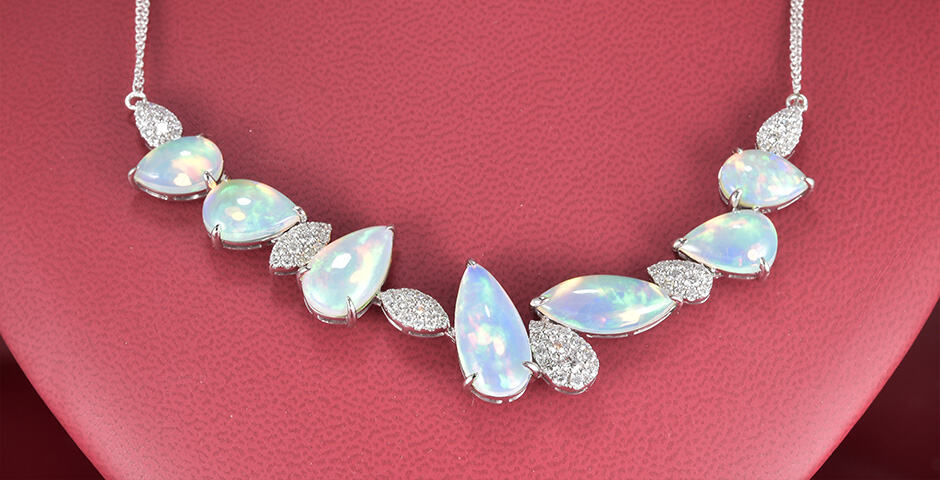 White 14 Karat Gold Opal And Diamond Necklace With 7=16.93Tw Marquise And Pear Opals With 1.45Tw Round F Vvs1 Diamonds