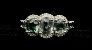 Rare Alexandrite Three Stone Ring with Diamond Halo - Excellent Color Change