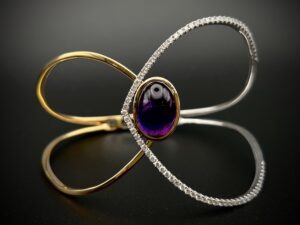 Custom Two-Tone Hinged Bangle w/ Cabochon Amethyst