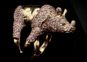 Custom Made18k Rose Gold Rhino Ring Featuring Pink Sapphires, Pink Diamonds, and Blue Diamond Eyes!