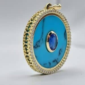 Custom 18K Yellow Gold Diamond And Turquoise Pendant
