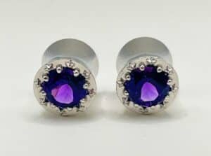 14K White Gold Amethyst Plug Earrings